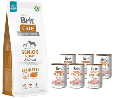 BRIT CARE Dog Grain-free Senior & Light Salmon 12kg + BRIT MONO PROTEIN TURKEY 6x400g